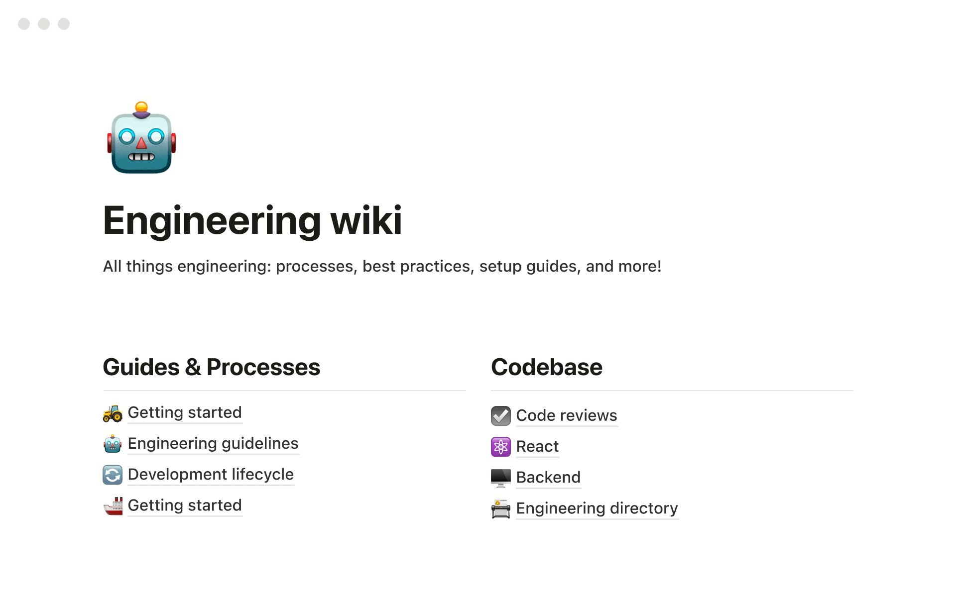 ภาพหน้าจอของพื้นที่ทำงาน Notion ที่แสดง Wiki วิศวกรรม